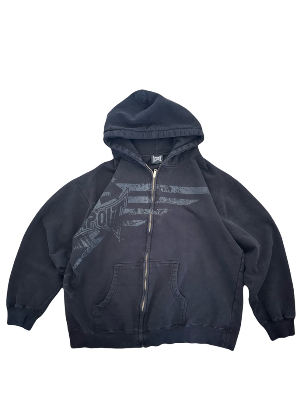 Y2K Early 2000’s Tapout Black Hooded Zip-Up Jacket with Subtle Gray Graphic